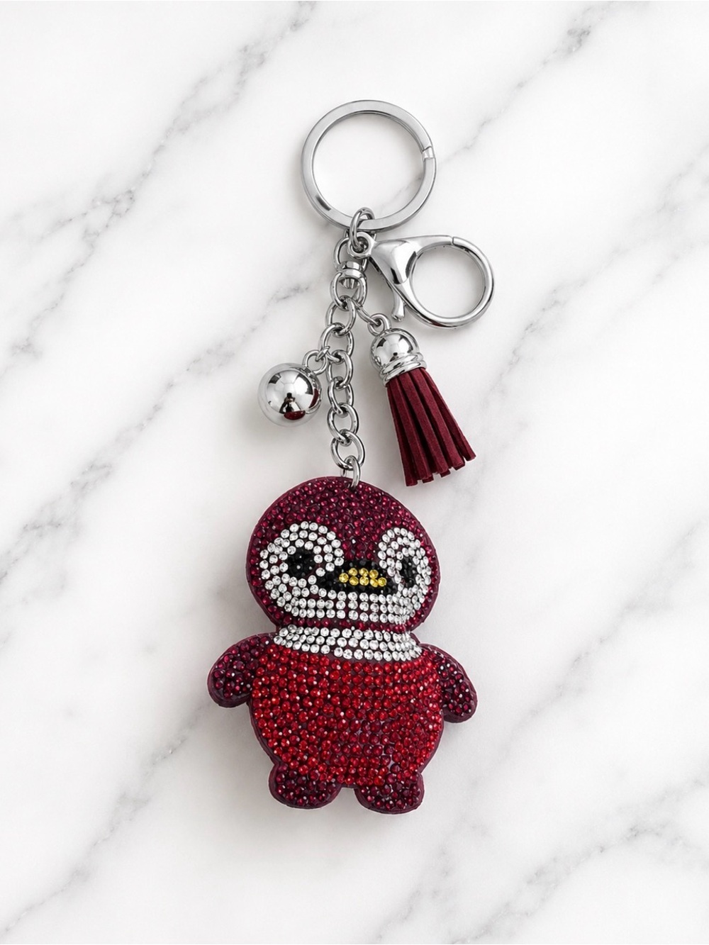 Red Rhinestone Penguin Bag Charm/Keyring on Silver Hardware-NEW